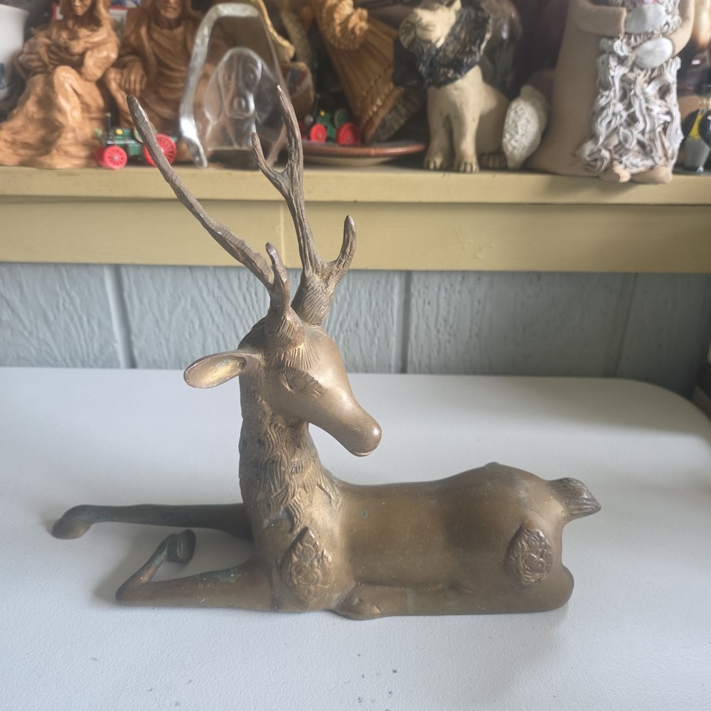 Large Solid Brass Deer Laying Down Ornate Patina Detail Vintage Reindeer Antlers